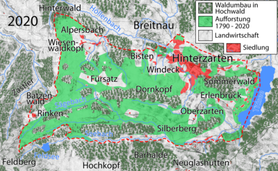 Waldaufbau in Hinterzarten 1790-2020. Der Kulturwald von 1790 wurde zu Hochwald umgebaut. Aufforstung schuf Mischwälder. 