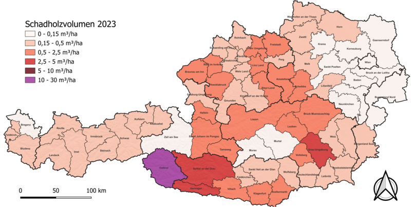 Österreichgrafik mit unterschiedlich gefärbten Bereichen