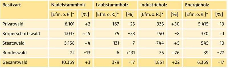 Tabelle zum Holzeinschlag 2025 nach Besitzart und Sortiment. Dargestellt sind die Einschlagmengen von Nadelstammholz, Laubstammholz, Industrieholz und Energieholz in Erntefestmetern ohne Rinde sowie die prozentuale Veränderung gegenüber dem Vorjahr für Privat-, Körperschafts-, Staats- und Bundeswald sowie den Gesamtwald.