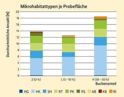 Grafik: Durchschnittliche Anzahl der Mikroha­bitate je Probeflächefläche