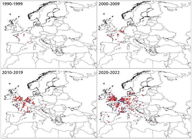Europakarten im Zeitverlauf, mit eingezeichneten roten Punkten für den Fundort