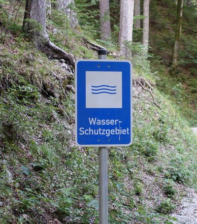 Blaues Schild mit einer Welle steht im Wald
