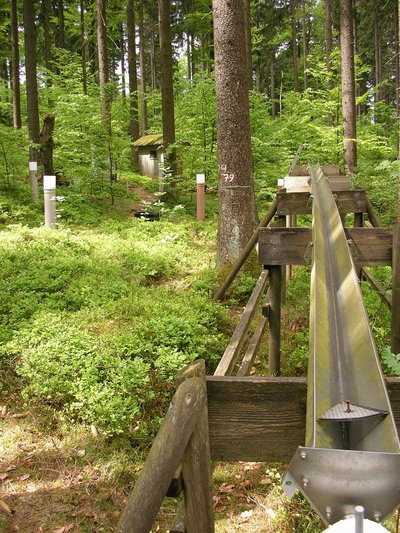 Bestandesmessfläche mit Bestandesniederschlagsrinne im Vordergrund und Depositionssammlern im Hintergrund
