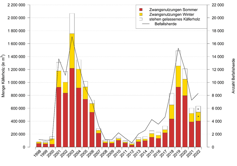 Menge des Käferholzes und Anzahl der Befallsherde (Käfernester) in der Schweiz seit 1998