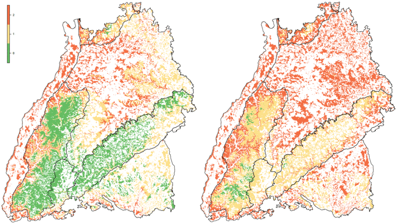 Räumliche Verteilung der abgeleiteten Risikoklassen: (a) heutige mittlere Klimabedingungen (1981-2010) und (b) zukünftige mittlere Klimabedingungen (RCP 8.5-Szenario, 2071-2100) in den 7 Wuchsgebieten in Baden-Württemberg (Bezeichnung in Abb. 2); dargestellt ist die Gesamtwaldfläche.