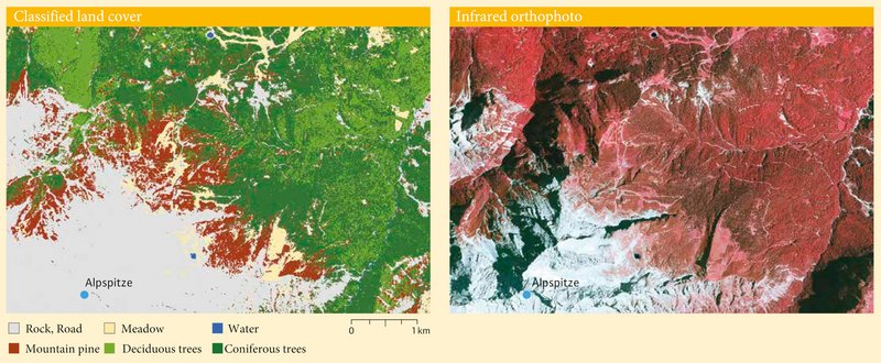 Classified land cover south of Garmisch-Partenkirchen at the Alpspitze (left), next to it a false-color infrared orthophoto of the same area.