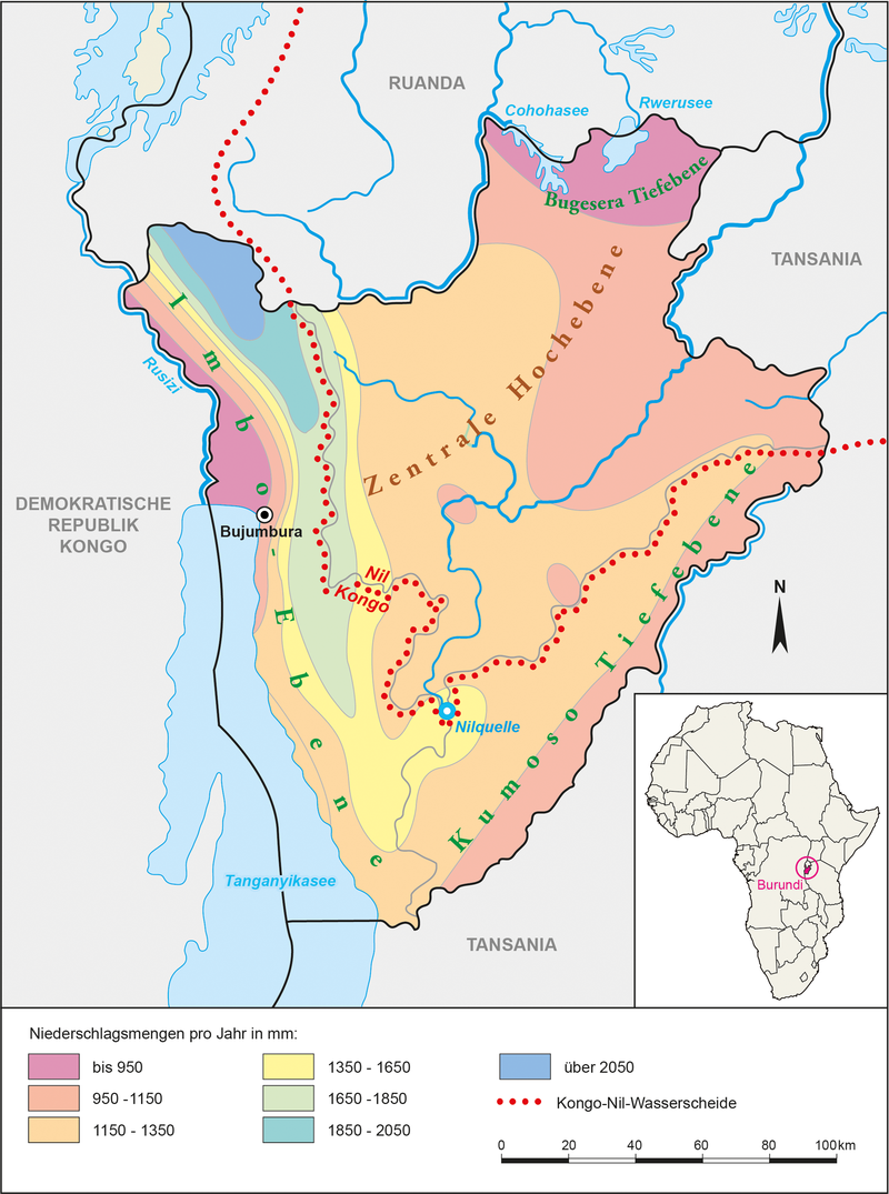 Lage, Naturräume und Niederschlagsverteilung von Burundi