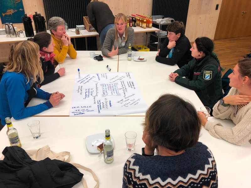 mehrere Frauen sitzen an einem Tisch und diskutieren 