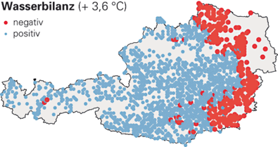 Klimatische Wasserbilanz im österreichischen Wald bei einer Temperaturerhöhung von 3,6 Grad Celsius.