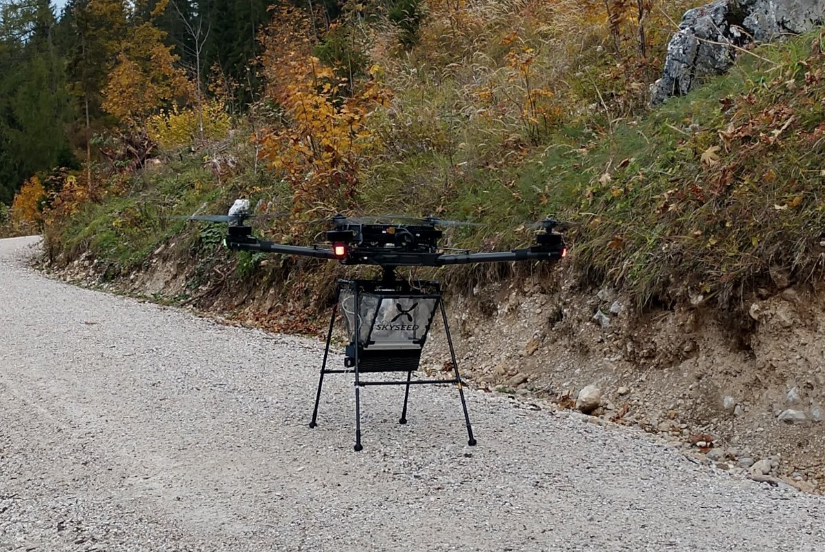 Drohne steht auf einem Waldweg