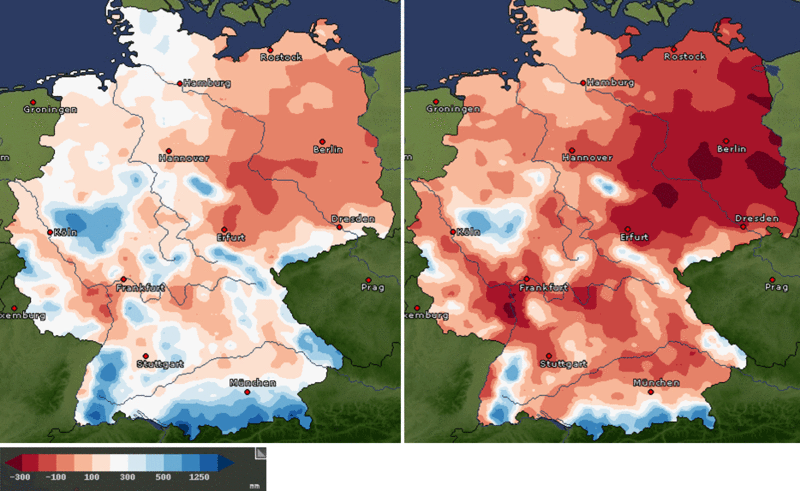 Klimatische Wasserbilanz Deutschland links 1960-1990,  rechts 2070-2100 RCP 8.5 mittlere Temperaturzunahme.
