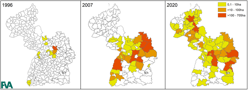 Abb. 2: Ausbreitung des Eichenprozessionsspinners anhand von Schädlingsmeldungen der Forstdienststellen Rheinland-Pfalz und Baden-Württemberg (Quelle: FVA/Wußler).