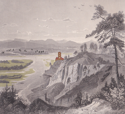 Landschaft um 1840 bei der Ruine Burg Sponeck – Blick auf den unkorrigierten Rhein