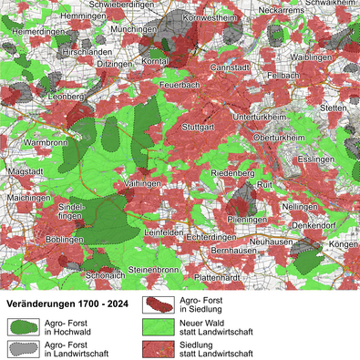 Veränderung der Kulturlandschaft Stuttgarter Raum 1700-2024: Agro-Forste wurden nach Rodung zu Siedlung/Infrastruktur; Agro-Forste wurden dichter Hochwald; neuer Hochwald entstand durch Aufforstung; starke Siedlungs- und Infrastrukturexpansion.