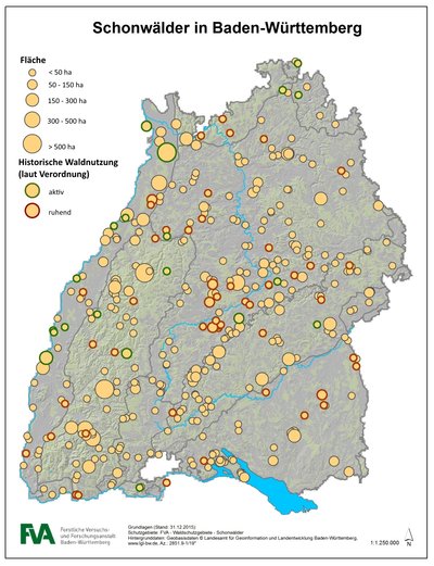 Verteilung und Flächen der baden-württembergischen Schonwälder