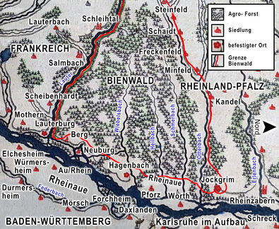 Bienwald und Umgebung 1737. Darstellung als Agro-Forst nach der Karte von Seutter 1737