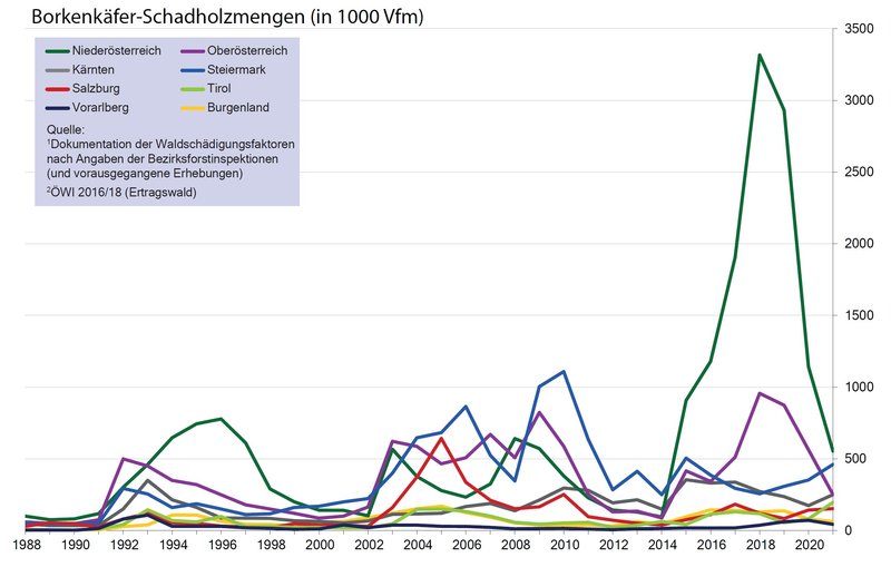 Grafik mit Borkenkäfer-Schadholzmengen 2021 in Österreich 
