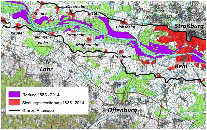 Verstädterung  Rheinaue 1885-2014: Siedlungsexpansion und Auewald-Rodung. (nach topografischen Karten 1: 25 000, Landesvermessungsamt Baden-Württemberg, modifiziert).