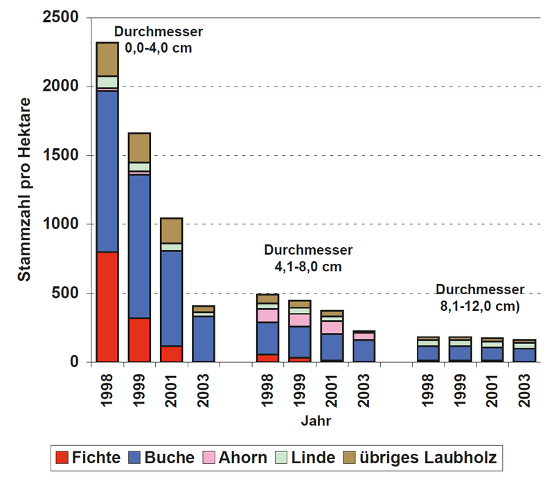 Reduktion der Anzahl lebender Bäume nach Baumarten
