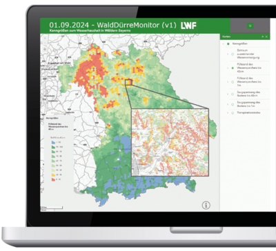 Einblick in den WaldDürreMonitor: Dargestellt ist der Füllstand des pflanzenverfügbaren Wasserspeichers im Oberboden (bis 40 cm). 