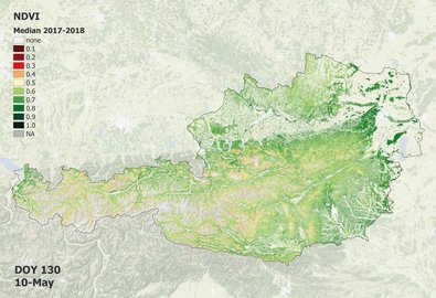 Grafik mit Österreichkarte, die Vegetationsindex im Frühjahr anzeigt