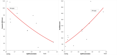 Zusammenhang zwischen der Intensität der Spätfrostschäden und dem mittleren Höhenzuwachs im Jahr 2020 (links) bzw. dem Ausfallprozent (rechts) bei den Weißtannenherkünften.