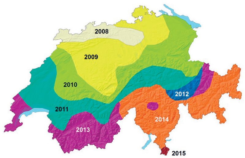 Ausbreitung des Eschentriebsterbens in der Schweiz.