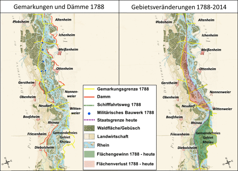 Links: Rheinverlegungen nach 1690 südlich Straßburg: Verlegung 1730-1788. Rechts: Gebietsgewinn Frankreichs 1788-2014 (nach Cours du Rhin 1788, modifiziert).