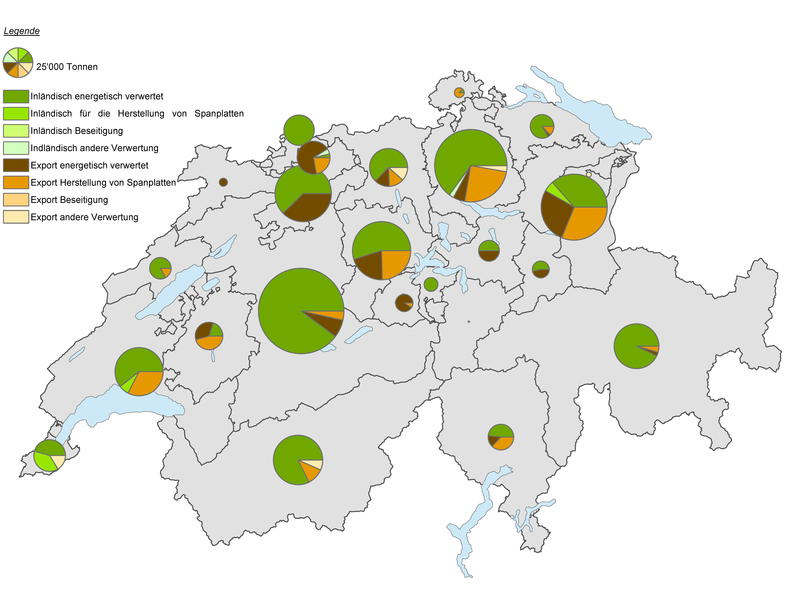 Räumliche Verteilung des Schweizer Altholz-Marktvolumens und seine Verwertung 2014
