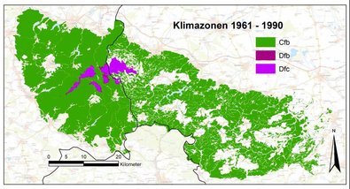 Klimazonen-Zuordnung der Waldgebiete im Harz 1961-1990