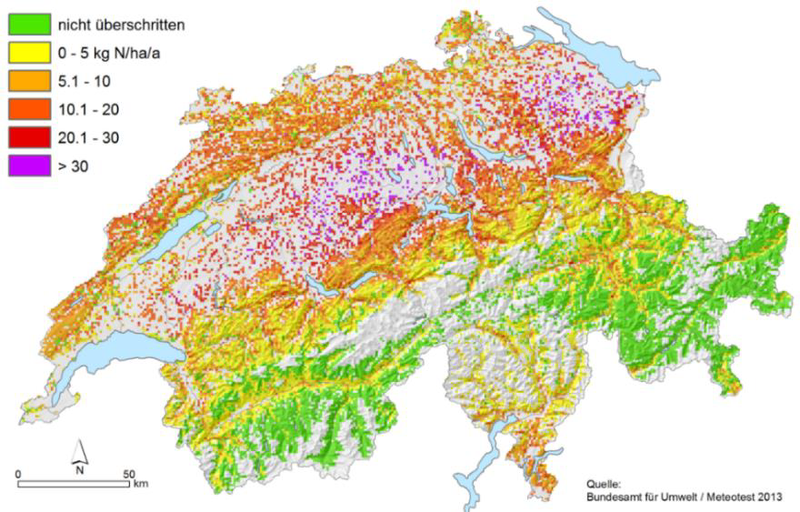 Überschreitung der Critical Loads für Stickstoffeinträge in der Schweiz