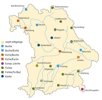Bayernkarte mit Standorten der Klimastationen