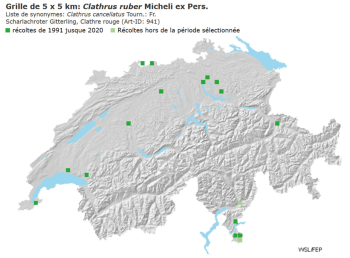 Répartition du Clathre rouge en Suisse