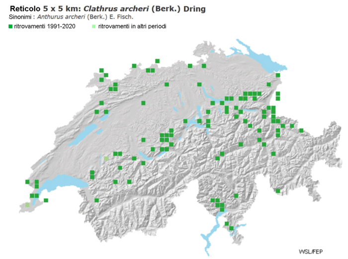 Areale di distribuzione del fungo tentacolo in Svizzera