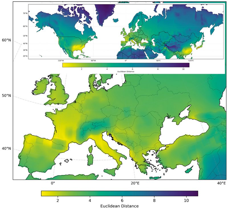 Karte, die für Nordamerika und Eurasien die Klimaanalogregionen zeigt