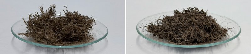 Biobasierte Hydrogele aus Holzfasern: TIMPOR© (links) und TIMPOR WOODFIBRE HYDRO© (rechts).
