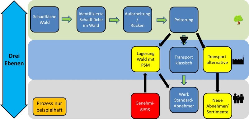 Schematische Darstellung einer Engstellenanalyse – Transport. Die blauen Felder stellen den standardmäßigen Prozessablauf dar. Die gelben Felder stellen alternative Prozesse dar. In Rot werden neue Prozesse dargestellt.