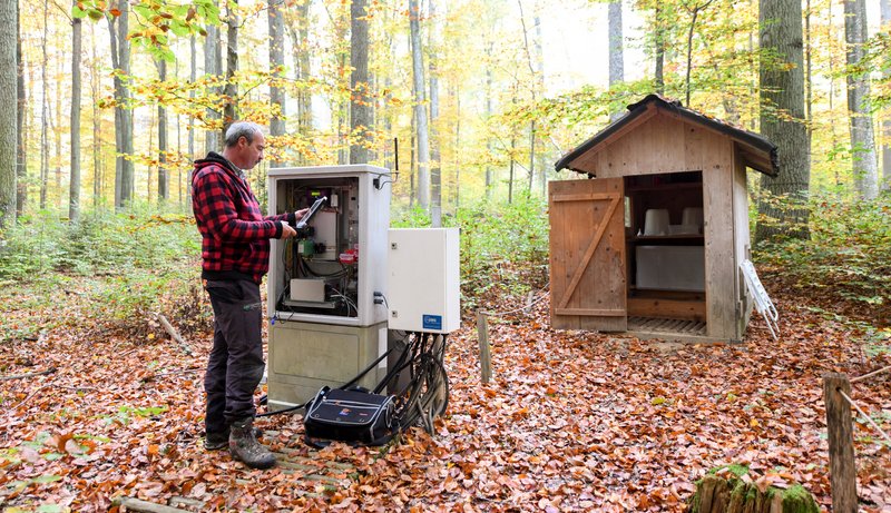 Ein Mitarbeiter in roter Jacke erfasst Daten mit einem Laptop von einer digitalen Messstation. Im Hintergrund steht eine kleine Holzhütte. Der Buchenwald ist herbstlich gefärbt.