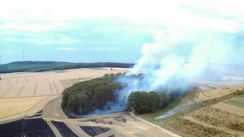 Drohnenaufnahme der Feuerwehr Winnweiler vom Brand bei Sitters. Deutlich sichtbar sind die starke Rauchentwicklung und die Bildung von Wasserdampf