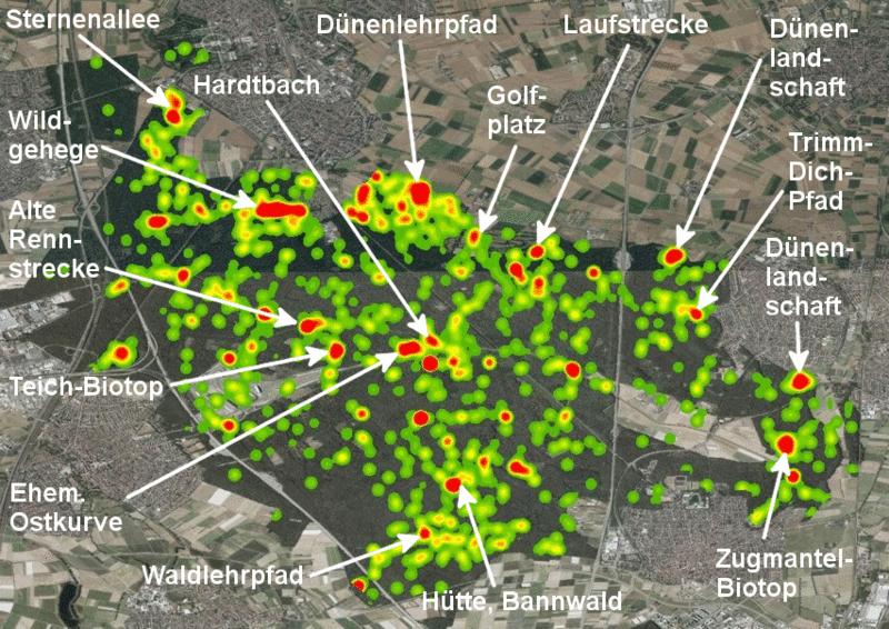 Hotspots kultureller Ökosystemleistungen in der Schwetzinger Hardt. Die Farbgebung entspricht der Dichte an eingezeichneten kulturellen Leistungen durch die Teilnehmer. Rot repräsentiert eine sehr hohe Dichte dieser Markierungen, die im Übergang zu gelb und grün abnimmt.