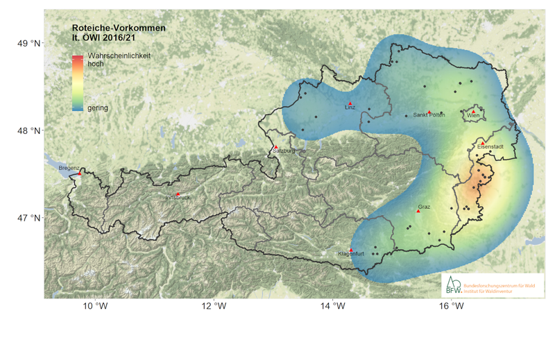 Karte, die das Vorkommen der Roteiche in Österreich zeigt