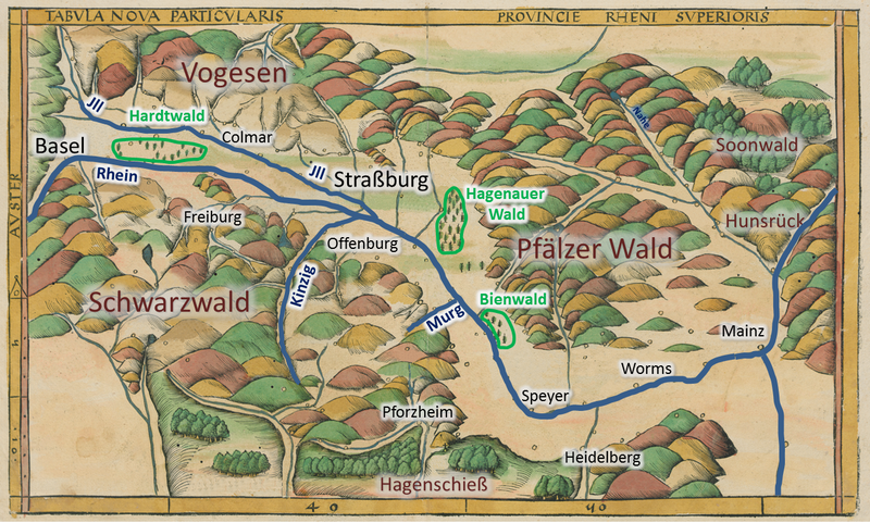 Karte der Oberrheinprovinz von 1513. Grundlage: Karte Waldseemüller.