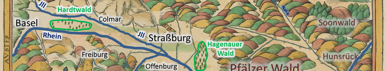 Karte der Oberrheinprovinz von 1513. Grundlage: Karte Waldseemüller. Bearbeitet © Hist. Karte H. Volk.