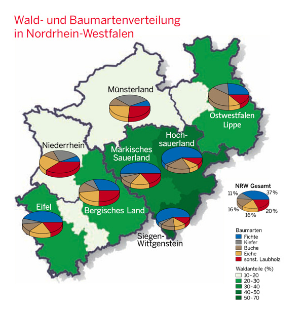 Wald und Baumartenverteilung in NRW. Karte: Landesbetrieb Wald und Holz NRW