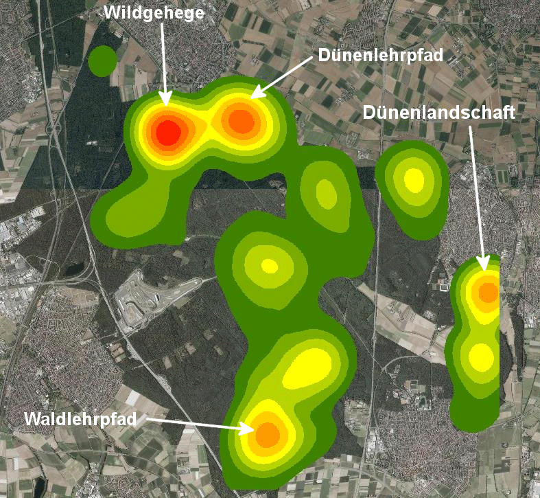 Hotspots von Umweltbildungsorten in der Schwetzinger Hardt. Die Farbgebung entspricht der Dichte an eingezeichneten Umweltbildungsorten durch die Teilnehmer. Rot repräsentiert eine sehr hohe Dichte dieser Markierungen, die im Übergang zu gelb und grün abnimmt.