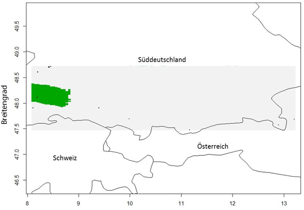 Abgrenzung von zwei räumlichen Clustern (grau und grün) ermittelt mit dem R-Paket Geneland auf Basis der genetischen Strukturen. Die schwarzen Linien stellen die Ländergrenzen von Süddeutschland zu Österreich und der Schweiz dar.