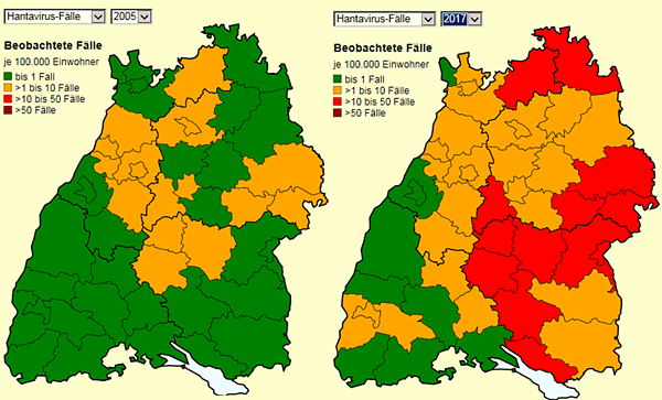 Hantavirus-Fälle je Landkreis in Baden-Württemberg 2005 bzw. 2017