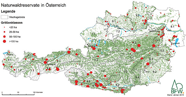 Lage der Naturwaldreservate in Österreich (Stand Jänner 2015)
