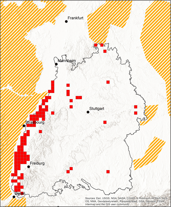 Aktuelle Verbreitung der Wildkatze in Baden-Württemberg (rote Rasterzellen) mit angrenzenden bekannten Wildkatzenvorkommen (schraffierte Fläche). Stand 2016.