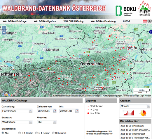 Ein Screensho der Waldbrand-Datenbank zeigt auf einer Karte von Österreich Waldbrände an.
